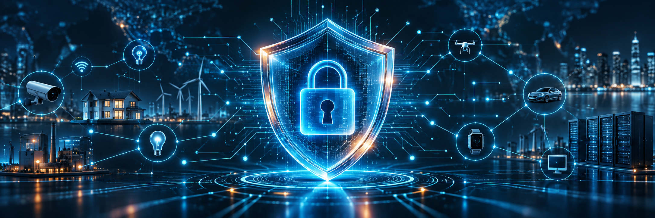 IoT cybersecurity shield and padlock with connected network circuitry