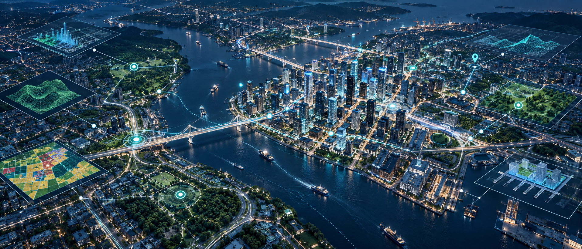 Aerial city map with data points